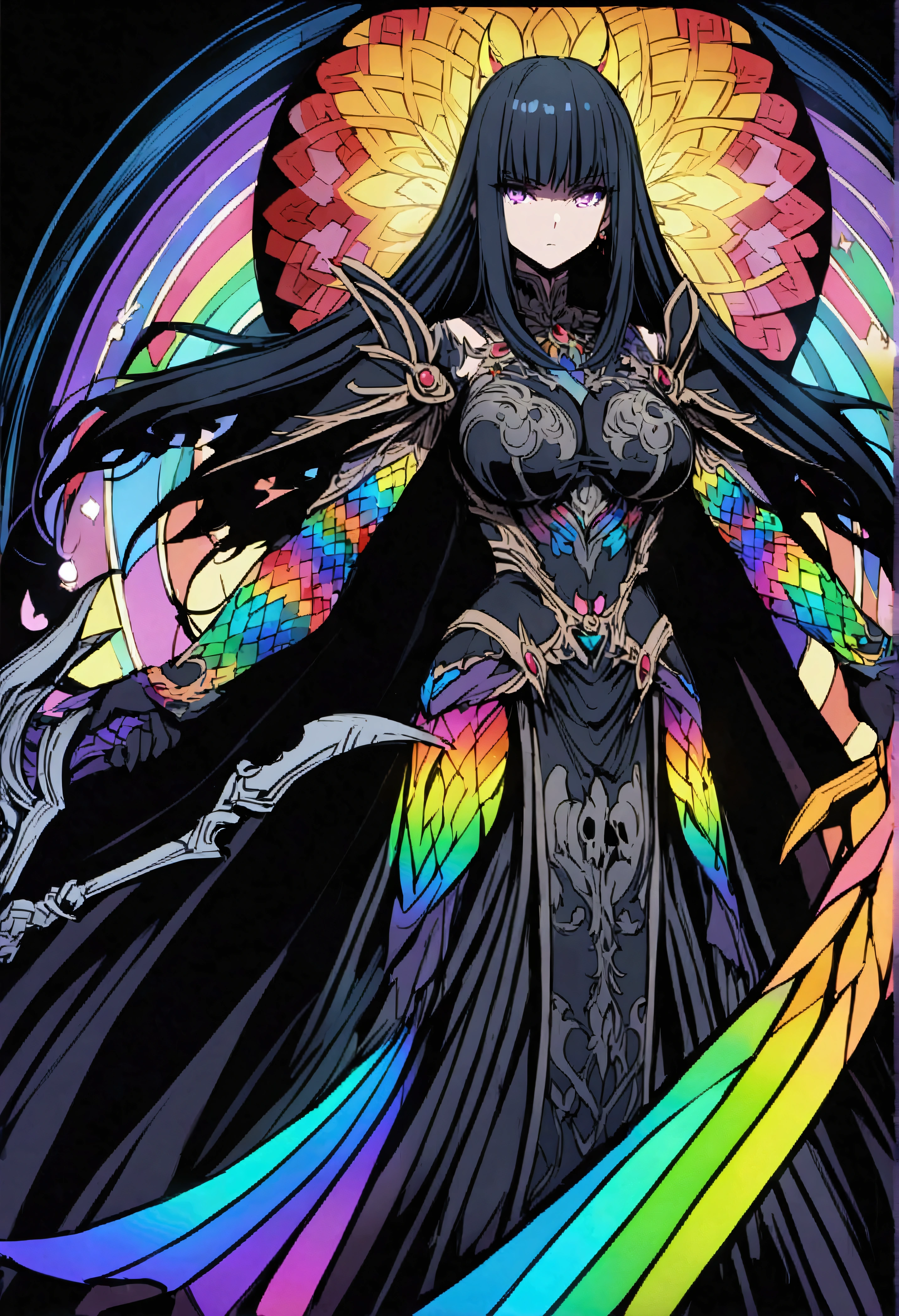 Female Grim Reaper、anime、Magical fantasy、Plasma Pattern、Has a big scythe、Rainbow colors、