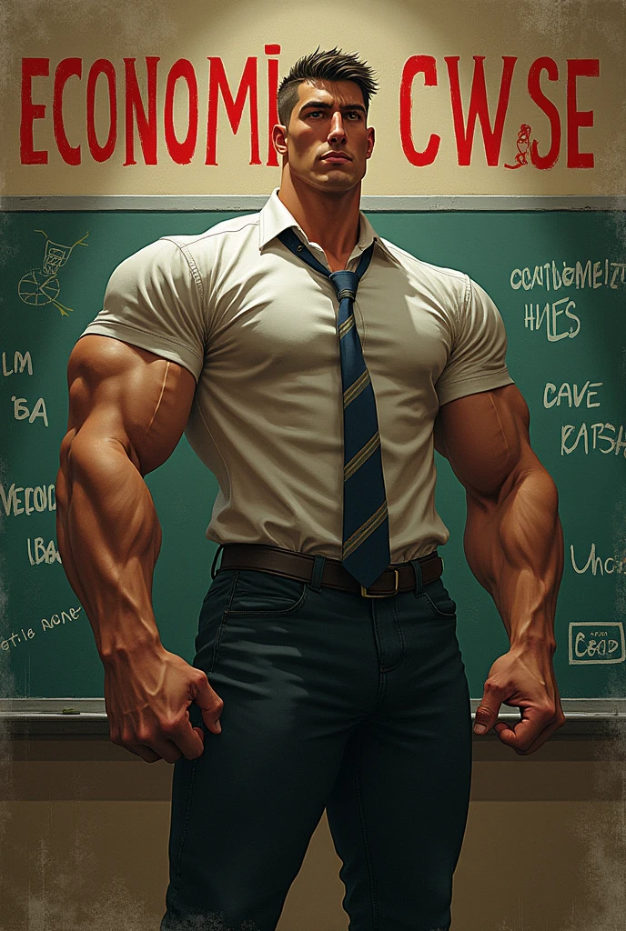Economic muscular class teacher
Economic wording on the background
Young male teacher with athletics build