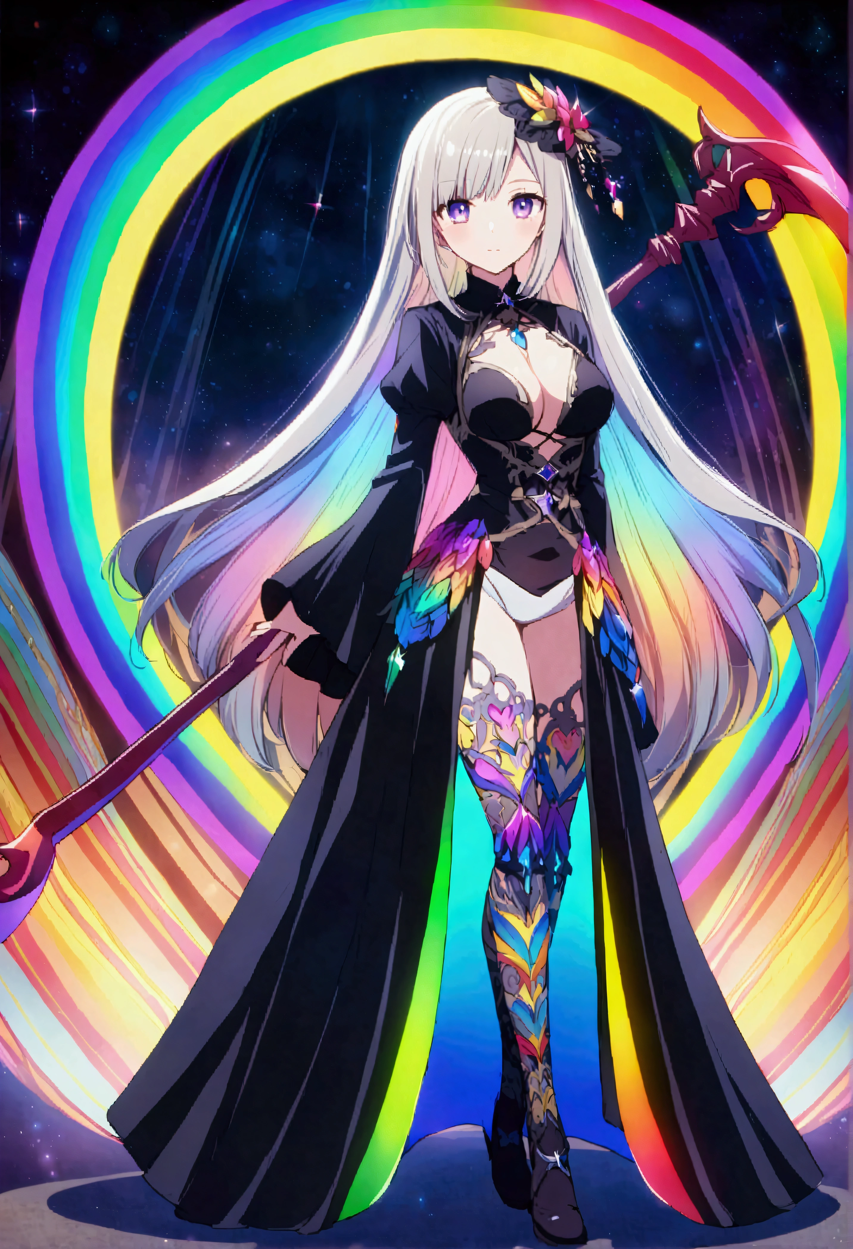Female Grim Reaper、anime、Magical fantasy、Plasma Pattern、Has a big scythe、Rainbow colors、