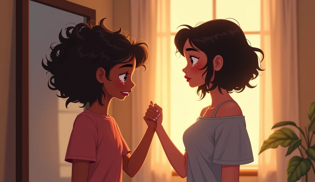 Background: The studio with a focus on Leena in front of the mirror, capturing the emotional climax of the scene. The warm light from the windows casts soft beams on Leena, highlighting her vulnerable moment of self-awareness
Style: Illustrative with soft, warm colors transitioning to deeper shades to capture the emotional intensity. The light should softly illuminate Leena’s tearful expression, adding depth to the scene.
Characters: Leena stands before the mirror, her eyes welling up with tears. Her face is a mix of sadness, realization, and relief as she confronts her neglected self-care. She is wiping a tear, her posture slightly slumped, conveying the weight of her newfound understanding. Mira stands beside her, gently holding Leena’s hand with a compassionate smile, her presence calm and supportive. Mira’s expression is gentle, embodying empathy and a quiet wisdom that helps guide Leena through her moment of self-discovery.
