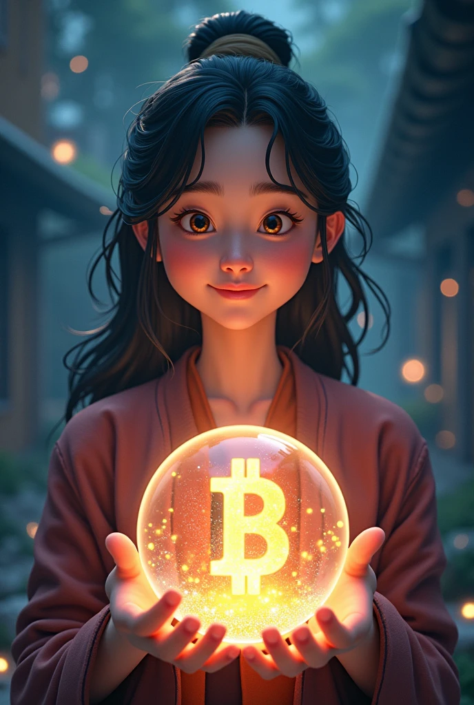 prompt = """
Yumiko, with a wise and reassuring smile, points to the crystal ball where Mr. Mezo’s image becomes clearer. The crystal ball shows Bitcoin being transferred into the Mezo network, depicted with vibrant colors and glowing effects. Mr. Mezo’s figure is detailed, demonstrating how Bitcoin grows and prospers within the network. Yumiko’s eyes sparkle with hope and certainty. The scene is illuminated with a soft, hopeful glow, captured with the detailed and professional quality of a JVC GY-HM170UA 4KCAM.
"""