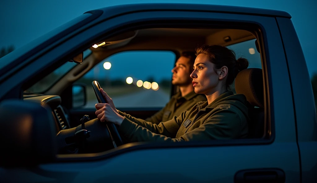 Swat Roger, stephen and charley with news news anchor francine and liza, in the pickup
As they drive through the darkness, the tension begins to ease slightly. The weight of their recent struggle hangs in the air, but the group finds solace in their new surroundings.