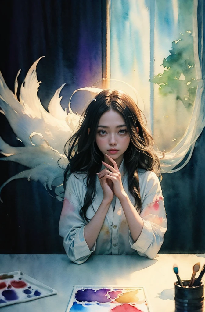 (Tabletop, Highest qualityの, Highest quality, Official Art, (beautifully、aesthetic:1.4), (Watercolor:1.4) ), (Izanami 1.5), 日本のgod話の女god, Majestic beauty, 創造の女god、生命の女god、Typically、((((Typically))))、Reincarnation Support, god'Grace, Gentle and meditative expressions, Flowing, celestial garments, Shine、Created all the landscapes and worlds on Earth, A dazzling dance of light, Whispers of Ancient Legends,Hands below chest level,The hair is a little shorter,Short hairstyle、Gold and blue hair ornament on head、
