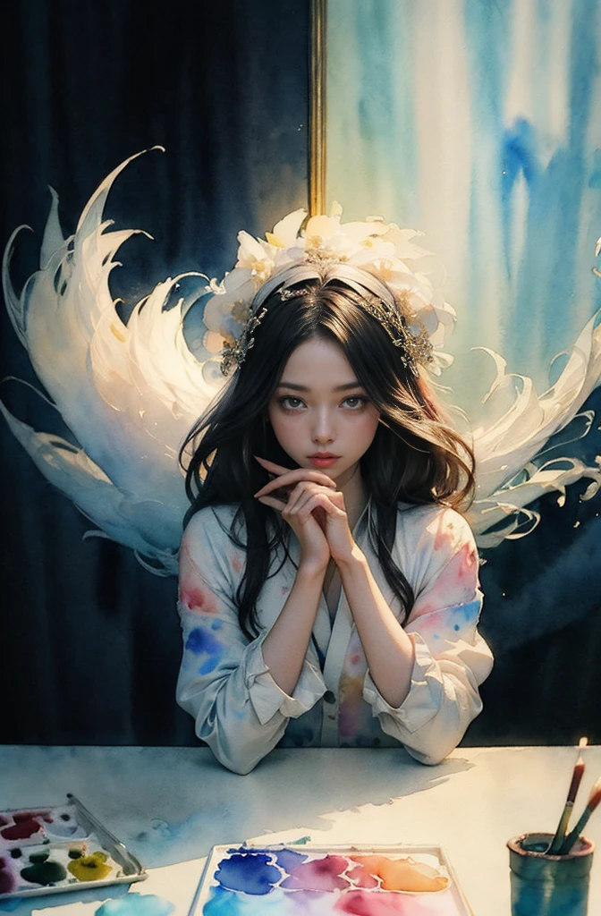 (Tabletop, Highest qualityの, Highest quality, Official Art, (beautifully、aesthetic:1.4), (Watercolor:1.4) ), (Izanami 1.5), 日本のgod話の女god, Majestic beauty, 創造の女god、生命の女god、Typically、((((Typically))))、Reincarnation Support, god'Grace, Gentle and meditative expressions, Flowing, celestial garments, Shine、Created all the landscapes and worlds on Earth, A dazzling dance of light, Whispers of Ancient Legends,Hands below chest level,The hair is a little shorter,Short hairstyle、Gold and blue hair ornament on head、