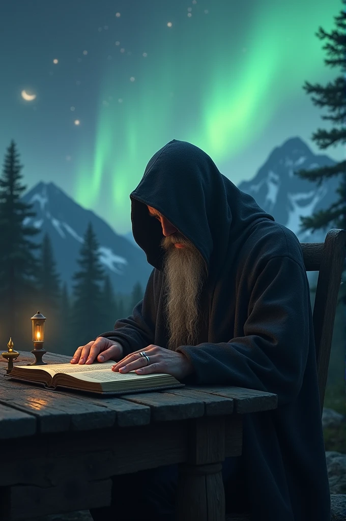 A wizard sitting on a table with his cloak over his head and good manly hands with an ancient book in front and in the background there is a dark forrest with mountains in distance and northern lights in the sky with stars and clear sky, the view should be from his front and the face should not be visible.