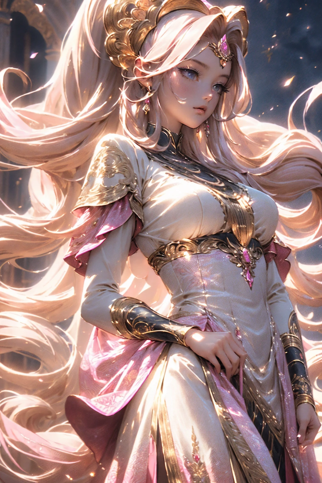 (best quality,4k,8k,highres,masterpiece:1.2),ultra-detailed girl anime character, very long twintail pinkgold hair, mythology, traditional europe mythology dress, gorgeous hair accesories, gorgeous dress,high detailed, pastel color mood and tone background.