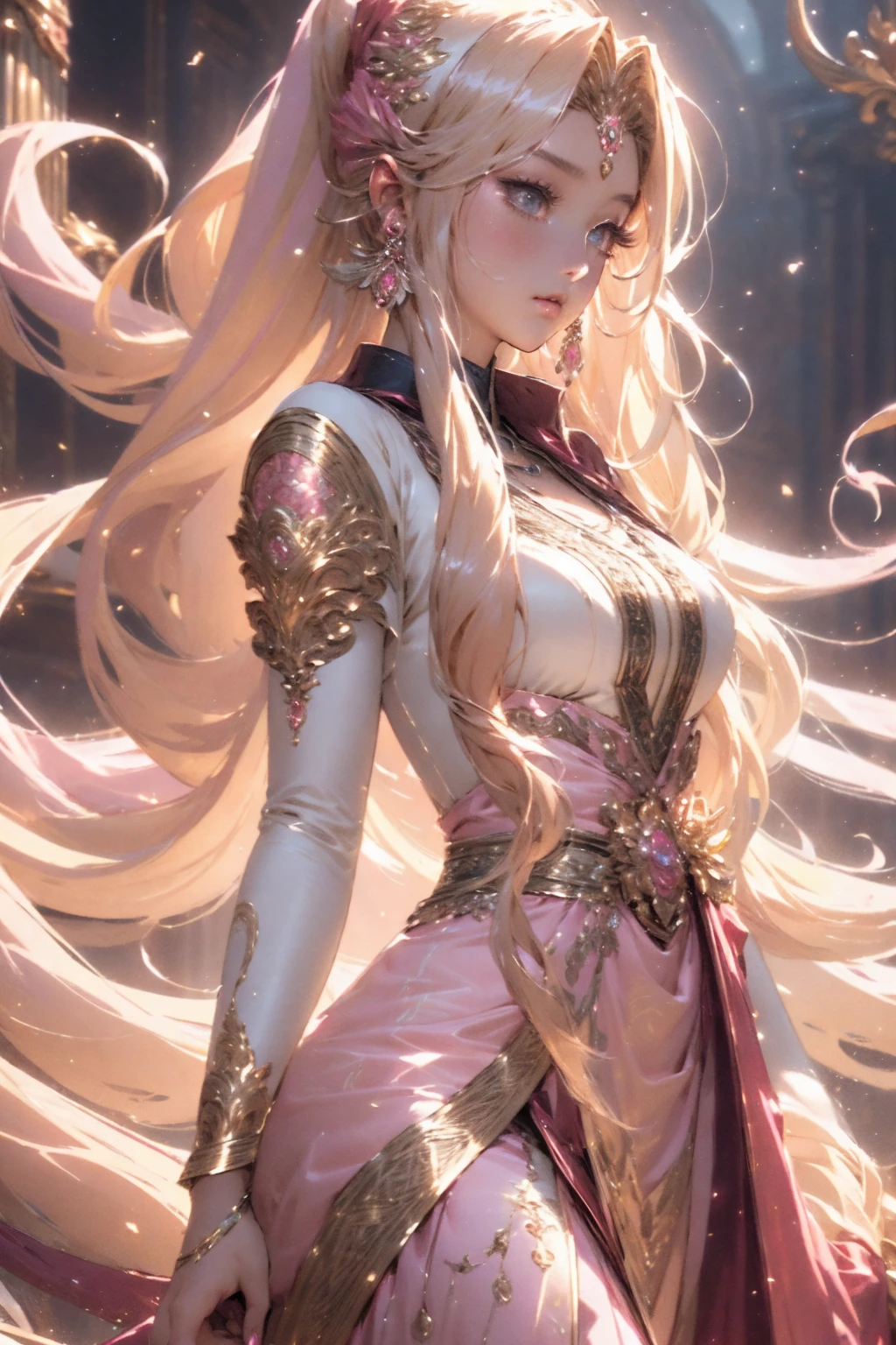 (best quality,4k,8k,highres,masterpiece:1.2),ultra-detailed girl anime character, very long twintail pinkgold hair, mythology, traditional europe mythology dress, gorgeous hair accesories, gorgeous dress,high detailed, pastel color mood and tone background.
