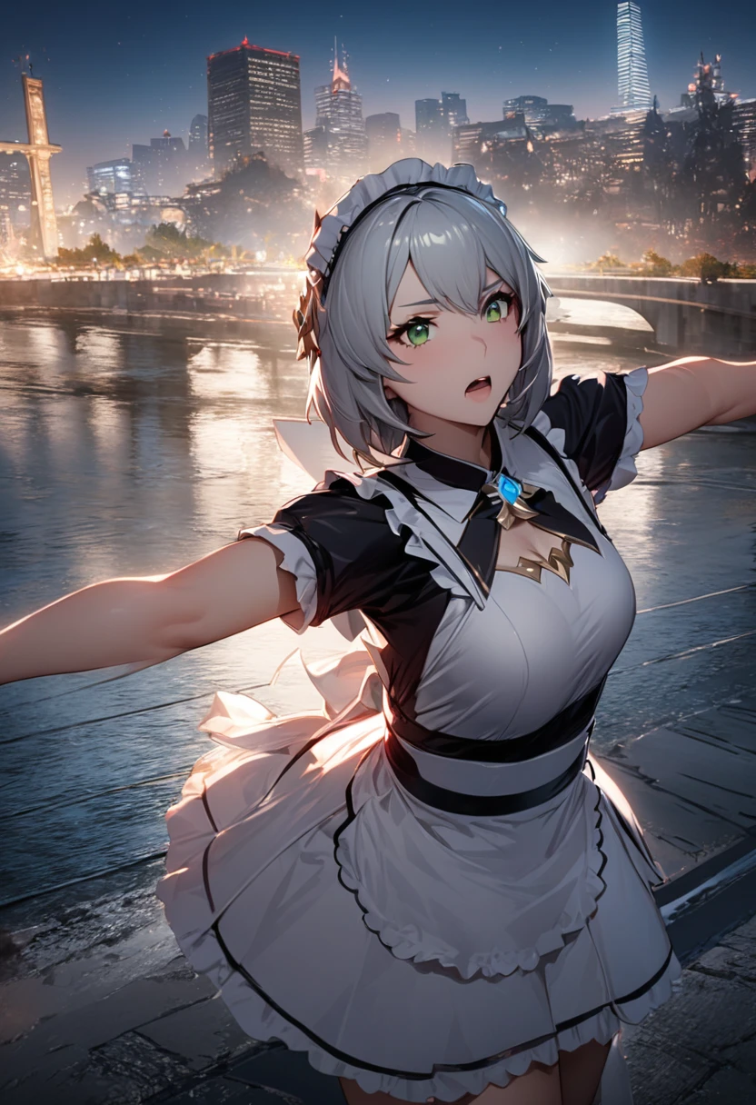 masterpiece, Highest quality, figure, Fighting Pose, One girl, Noel Genshin Impact, Silver short hair, Green Eyes, Maid skirt with red side parts, Maid Knight, Maid Knight armor, City Bridge, 