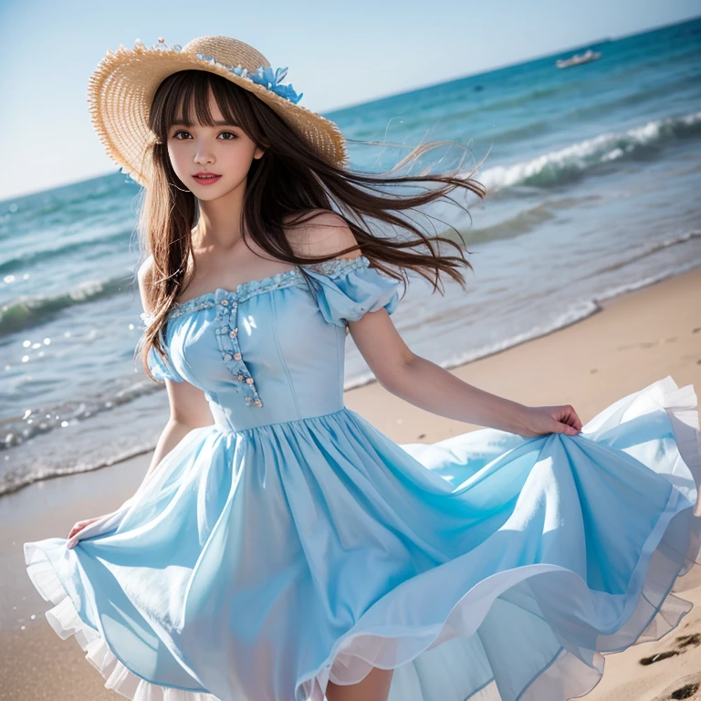 laughing out loud,(knee shot), 1 girl, light brown hair, blunt bangs, hair behind ears, Hair over the shoulders, long hair, Slender body type, Super thin face, face slimming, delicate lips, beautiful eyes, Thin blush, Eyes are light brown,Check it out here, (realistic:1.3), 8k, , Super detailed, high quality, best quality, High resolution, (Full breasts), 3, , (Gauze skirt), (tutu), wearing a light blue flower dress, Cute and elegant pose, (((Gauze puffy dress))), Gauze skirt, five layer Gauze skirt, There is petticoat inside the skirt,The dress is made of chiffon,Soft and fluffy dress, elegant, (Stand on the beach), wearing a straw hat, light blue flower dress,long skirt. hand on hat, Chiffon dress,These floral patterns are mostly small flowers,spread throughout the dress, Blue floral dress