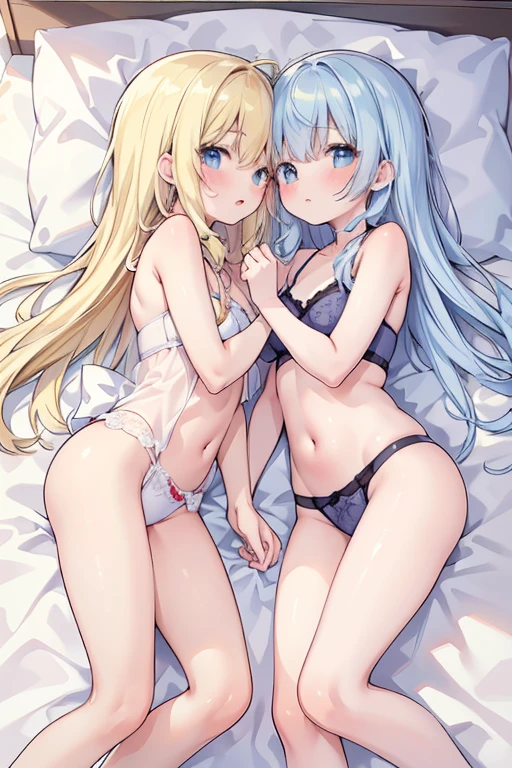 (8k, Highest quality, masterpiece:1.2),cute,cute女の子たち,Couple girls,2 people,Young face,ディープkissをする,mesugaki,Fantasy_world,kiss,On the futon,lie down,Lingerie that shows through the skin,Touching each other's breasts through lingerie,Beautiful thighs,Gentle caress,Heavy breathing,White liquid splashed on face,starry skies,night,White liquid dripping down thighs,String panties,String Bra