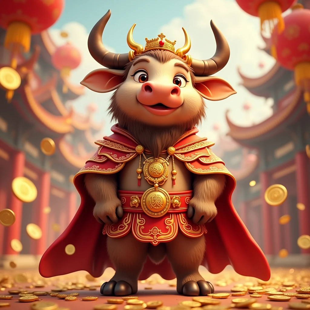 Hand-painted cartoon 3D zodiac ox, A red cape with a crown and clothes studded with gold coins. Flying gold coins on the New Year background