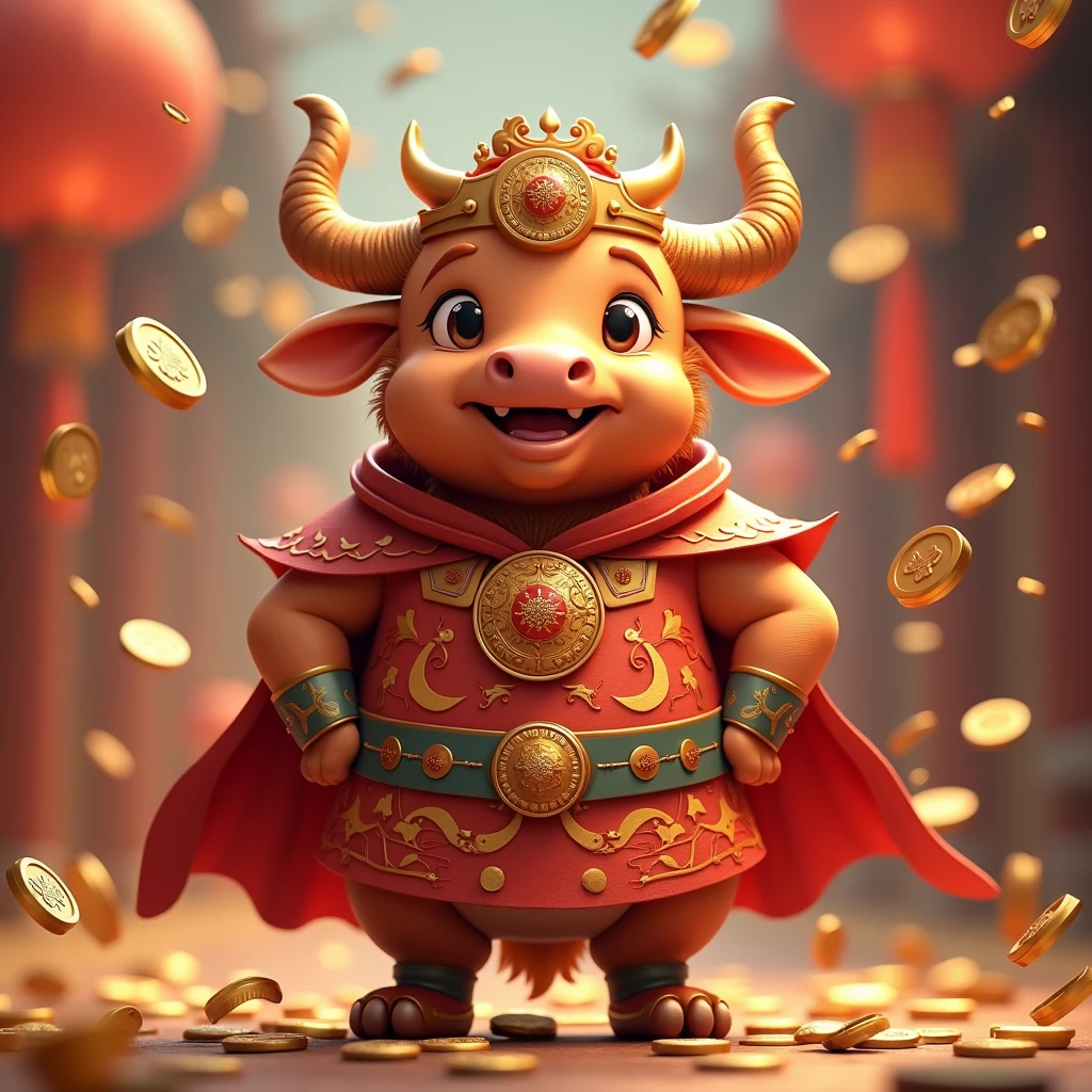 Hand-painted cartoon 3D zodiac ox, A red cape with a crown and clothes studded with gold coins. Flying gold coins on the New Year background