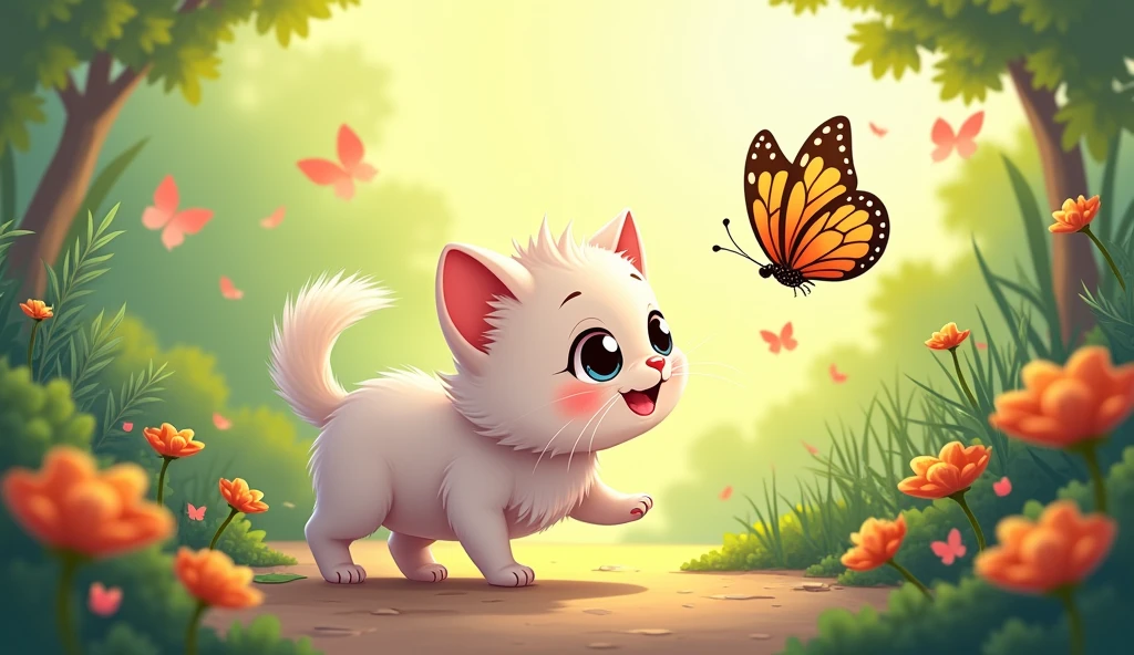 create a cartoon cyrious little kitten Looking for a butterfly, oh so small