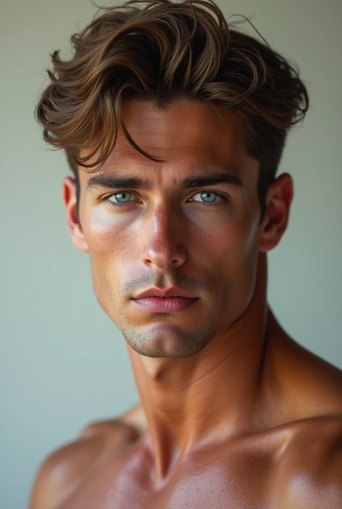 1 male, Light brown hair, Medium length hair, blue eyes, Well-built body, High-resolution details,