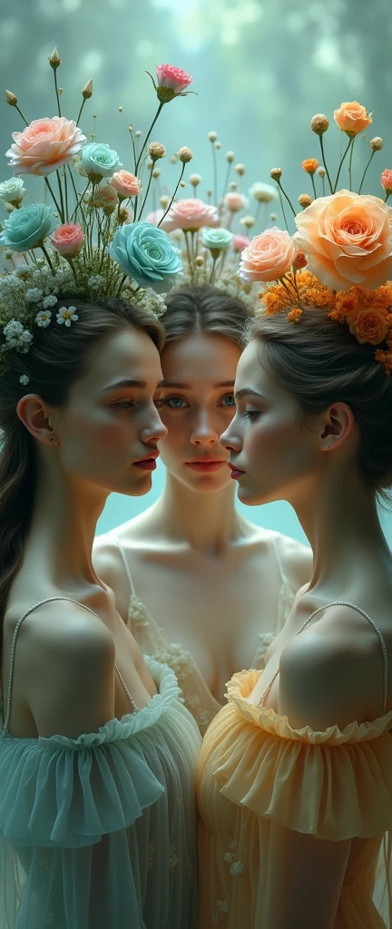 Surreal Scene art、Surreal figures、Slavic women、Hair is a flower、Beautiful woman、A different flower for each person、Flower of individuality、、Fantasy、Faint lighting