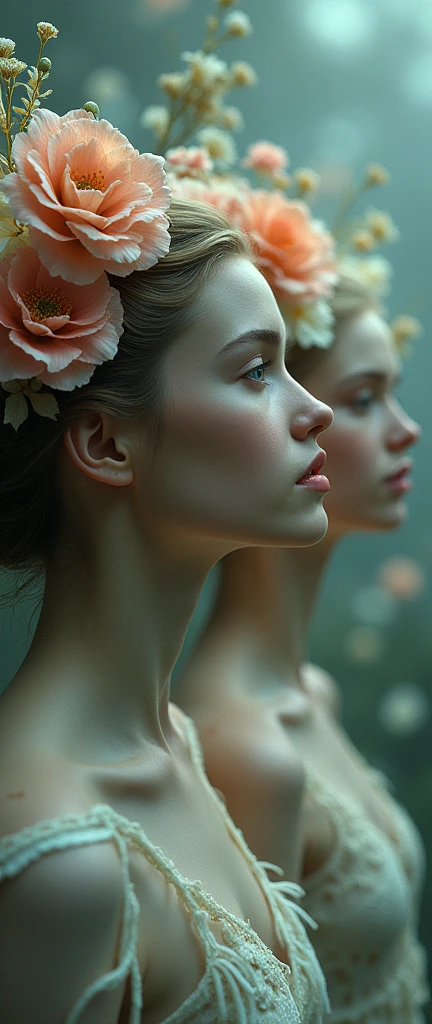 Surreal Scene art、Surreal figures、Slavic women、Hair is a flower、Beautiful woman、A different flower for each person、Flower of individuality、、Fantasy、Faint lighting