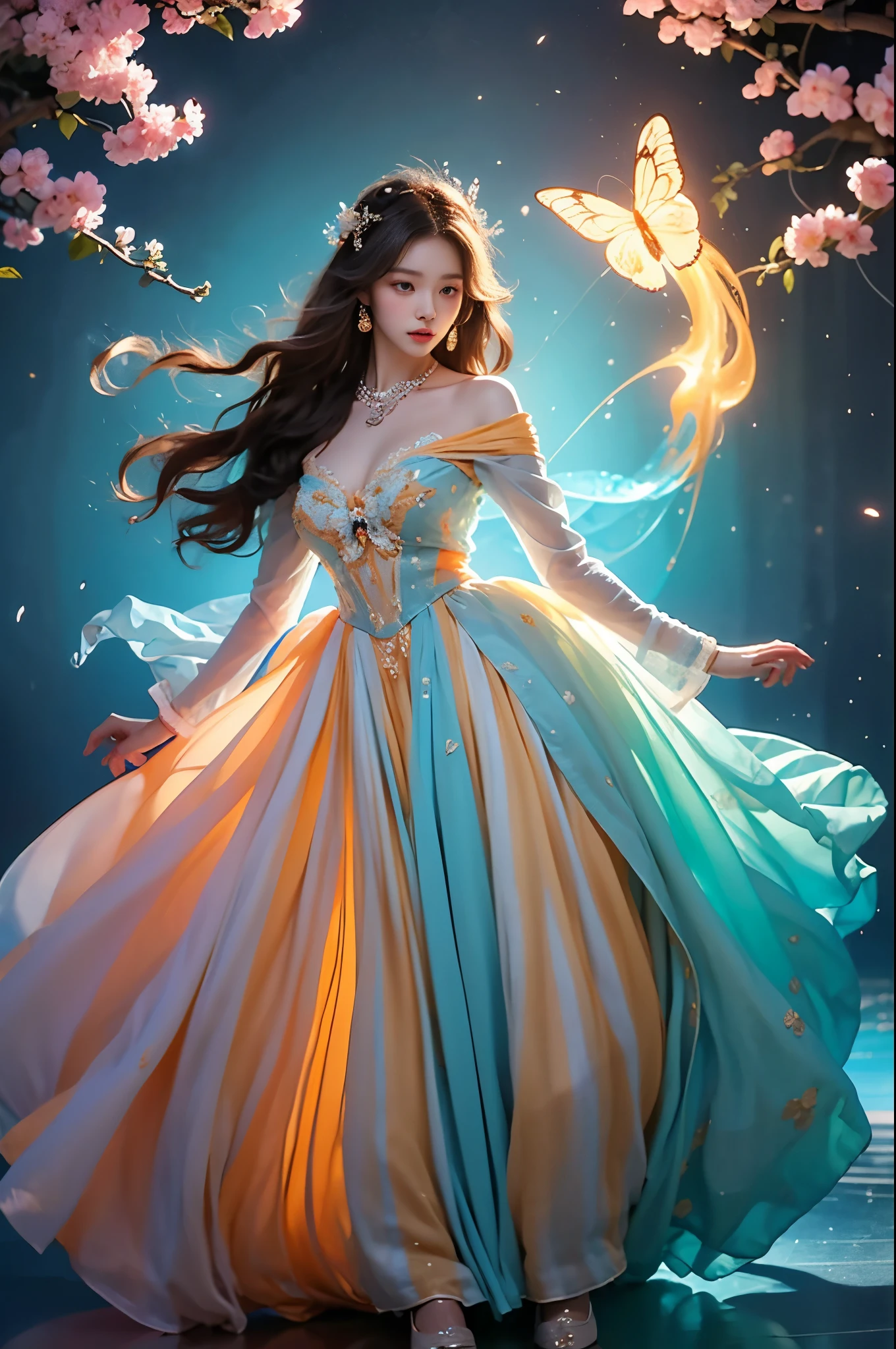 Yaoyao,dress,ruqun, Beautiful dance pose, She gently lifted her skirt with one hand,头发周围有白色的Butterfly兰，Lilac dendrobium、White Lily, Long legs , Deep in Wonderland, ((Flowing long hair))Official Art , Unity8k Wallpaper , Extremely detailed , Visible cleavage, Pretty and beautiful , 性感Long legs, masterpiece , best quality ,Practical, Very detailed illustrations ,Extremely detailed , Intricate details , Extremely complex and detailed , Very detailed 8KCG wallpaper , Caustics .reflection , Ray Tracing , Devil theme ,nebula ,Dark aura, Network Effects , (1 girl)solitary , 小蓝Butterfly , (Blue plasma flame , (insect , Butterfly)) Pastel tones in Rococo style ,Light white and light dark red , Incredibly beautiful , Cherry blossoms , Surrealism ,painting , Ethereal , Mixing reality and fantasy elements ,Ray Tracing , Complex Mode , Exquisite lines , Perfect your hands, Starry Sky , Colorful , Star