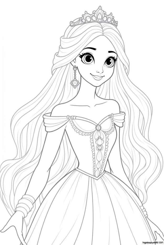 Princess with long hair, as a coloring page