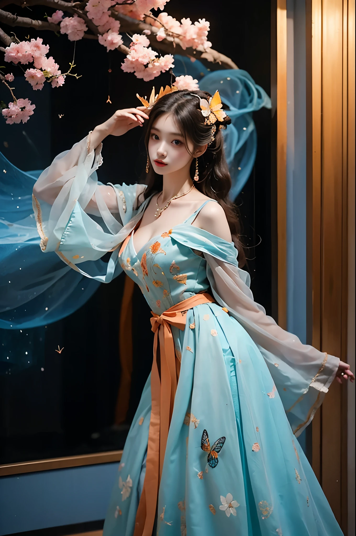 Yaoyao,dress,ruqun, Beautiful dance pose, She gently lifted her skirt with one hand,头发周围有白色的Butterfly兰，Lilac dendrobium、White Lily, Long legs , Deep in Wonderland, ((Flowing long hair))Official Art , Unity8k Wallpaper , Extremely detailed , Visible cleavage, Pretty and beautiful , 性感Long legs, masterpiece , best quality ,Practical, Very detailed illustrations ,Extremely detailed , Intricate details , Extremely complex and detailed , Very detailed 8KCG wallpaper , Caustics .reflection , Ray Tracing , Devil theme ,nebula ,Dark aura, Network Effects , (1 girl)solitary , 小蓝Butterfly , (Blue plasma flame , (insect , Butterfly)) Pastel tones in Rococo style ,Light white and light dark red , Incredibly beautiful , Cherry blossoms , Surrealism ,painting , Ethereal , Mixing reality and fantasy elements ,Ray Tracing , Complex Mode , Exquisite lines , Perfect your hands, Starry Sky , Colorful , Star