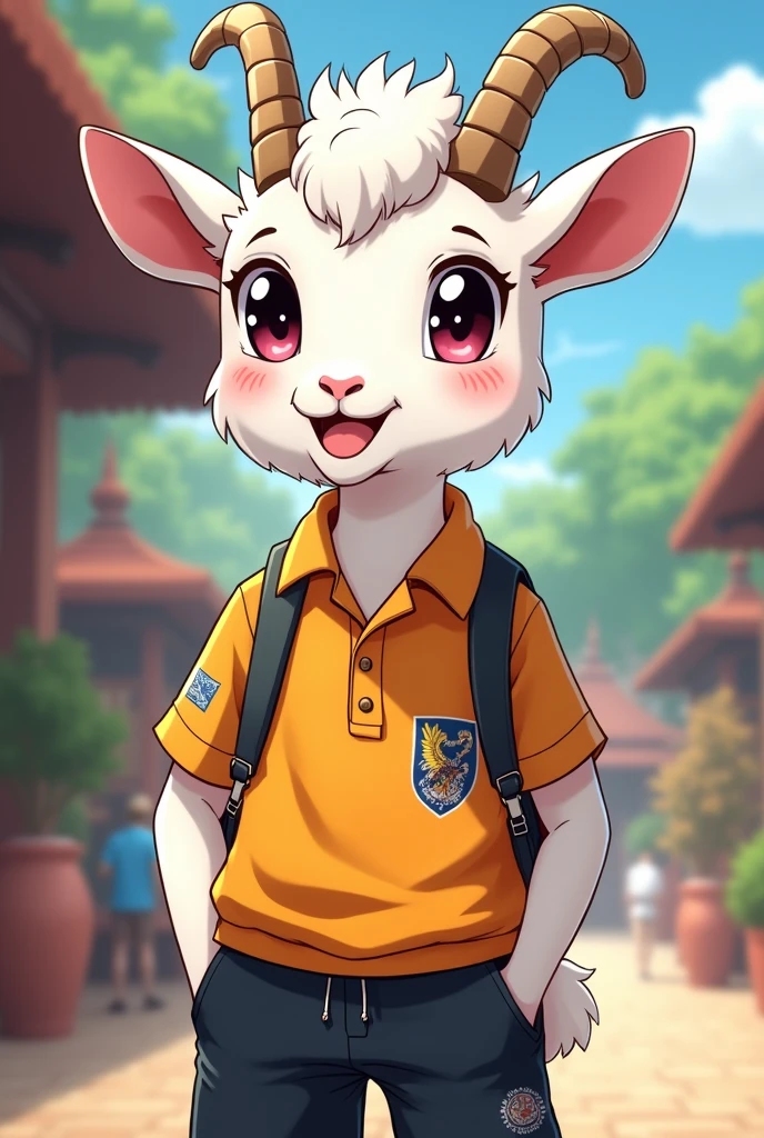 Create an image of a goat in black shorts and a Thailand shirt,make it in anime style