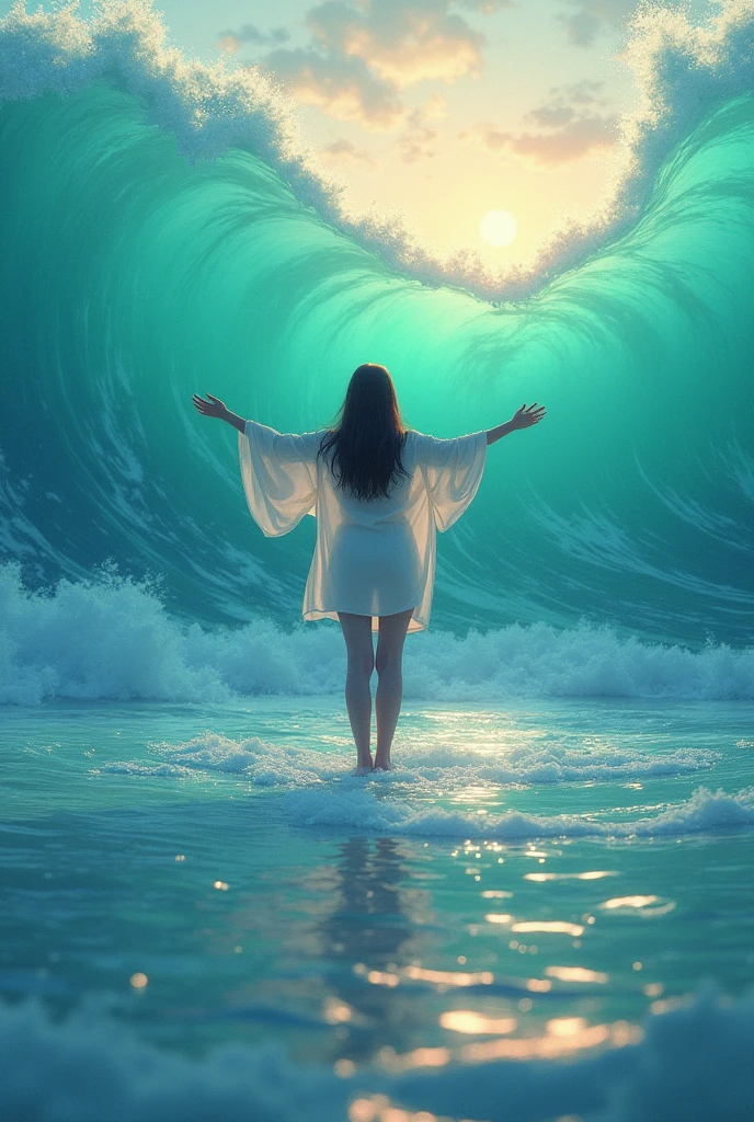 A big ocean with flowing colourful waves where a 20 years girl standing there with open arms and feeling calm and relax in a landscape mood
