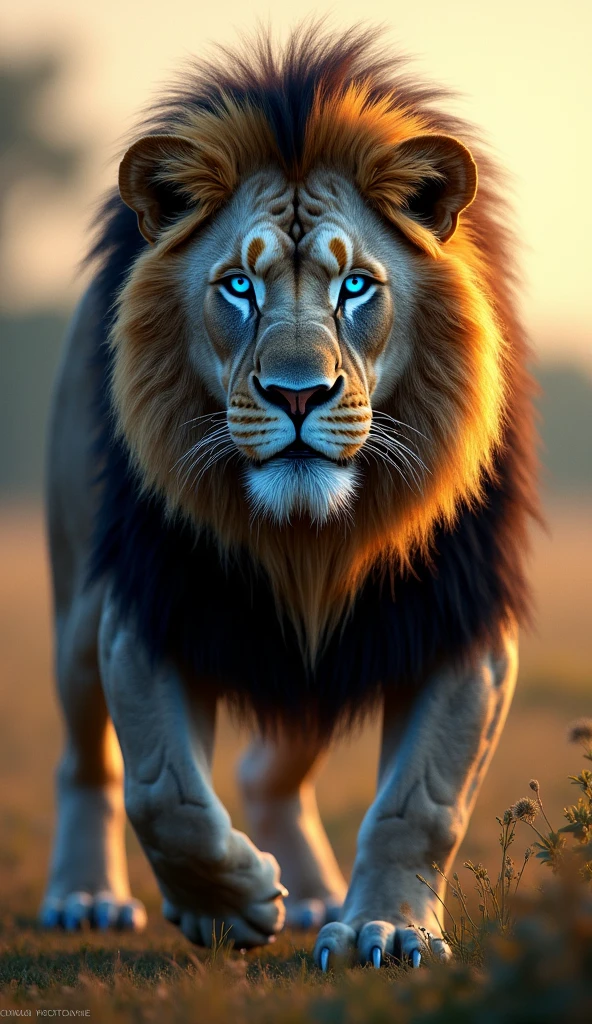 Generate an ultra realistic 8k image of a big strong blue-eyed lion