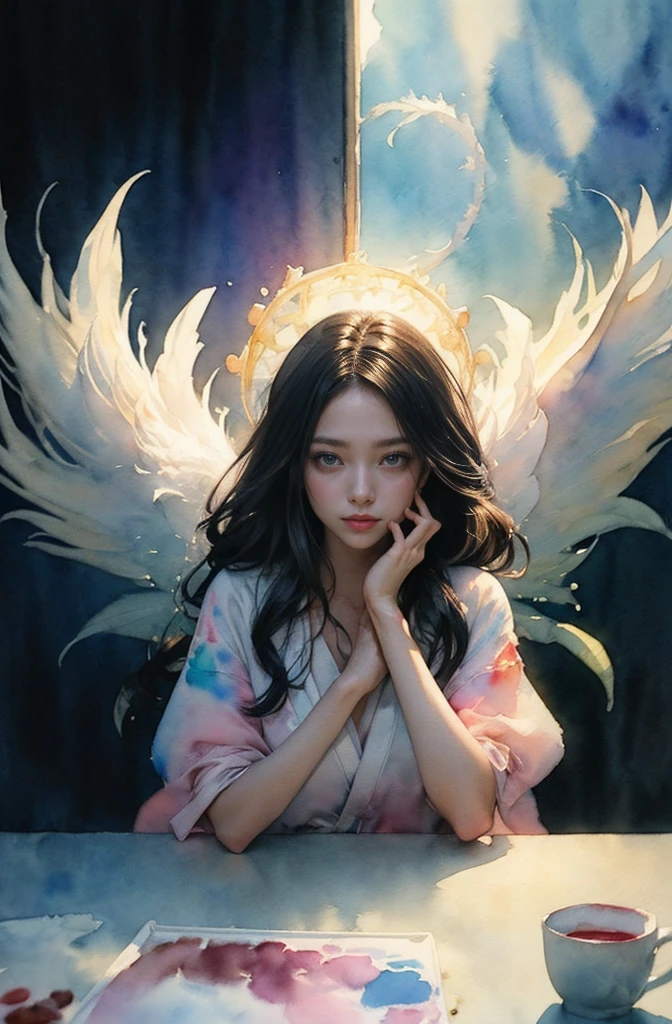 (Tabletop, Highest qualityの, Highest quality, Official Art, (beautifully、aesthetic:1.4), (Watercolor:1.4) ), (Izanami 1.5), 日本のgod話の女god, Majestic beauty, 創造の女god、生命の女god、Typically、((((Typically))))、Reincarnation Support, god&#39;Grace, Gentle and meditative expressions, Flowing, celestial garments, Shine、Created all the landscapes and worlds on Earth, A dazzling dance of light, Whispers of Ancient Legends，Hands below chest level，The hair is a little shorter