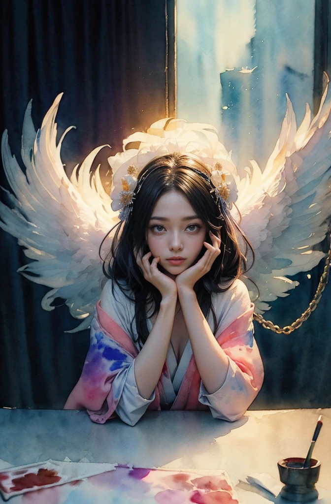 (Tabletop, Highest qualityの, Highest quality, Official Art, (beautifully、aesthetic:1.4), (Watercolor:1.4) ), (Izanami 1.5), 日本のgod話の女god, Majestic beauty, 創造の女god、生命の女god、Typically、((((Typically))))、Reincarnation Support, god'Grace, Gentle and meditative expressions, Flowing, celestial garments, Shine、Created all the landscapes and worlds on Earth, A dazzling dance of light, Whispers of Ancient Legends,Hands below chest level,The hair is a little shorter