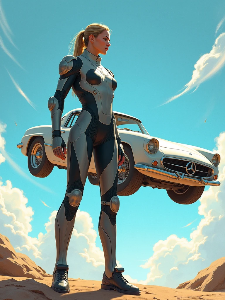 A hero in a uniform that allows them to manipulate the density of objects fire, depicted in the style of Brock Hofer. The hero stands tall, with a determined look on their face, as they use their powers to lift a car_SCI-fi off the ground with ease. The background is a bright, sunny day with a few clouds in the sky. More detail, enhanced, poakl.