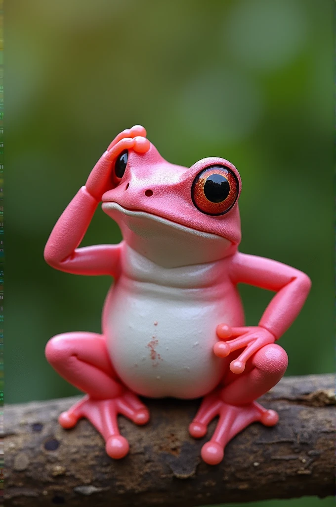 a pink frog daydreaming on a wood with one of his hands on his head and other hand on his hips , creating a unique posing
