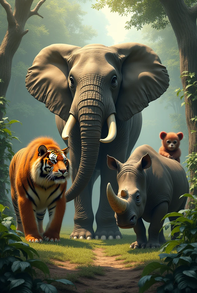 Elephant, tiger, orangutan, two-horned rhinoceros