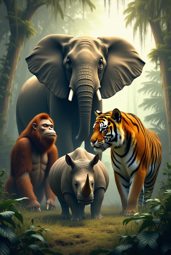 Elephant, tiger, orangutan, two-horned rhinoceros
