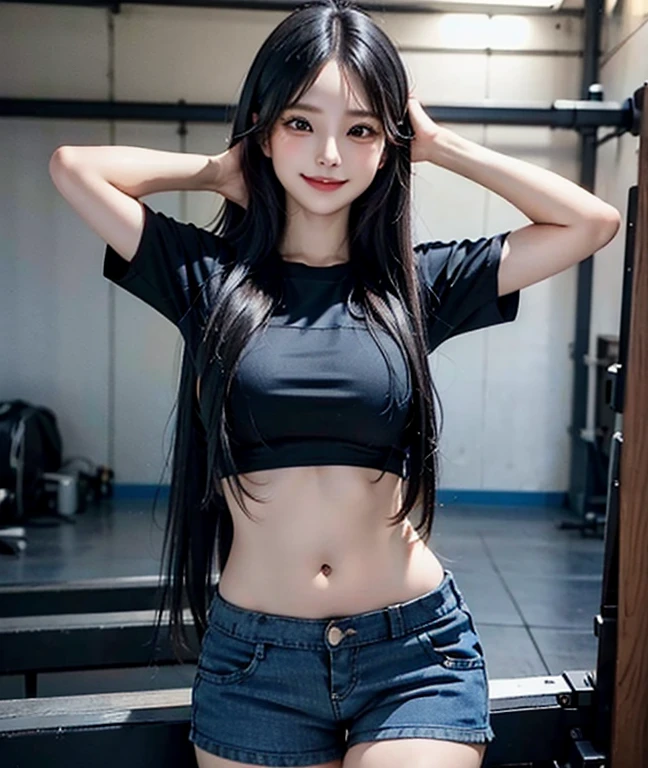 Masterpiece, high detailed, realistic, ultra realistic, ((hyper realistic)), woman with long hair, black hair color, ((blue t shirt / blue short pant)), smile, 16k,