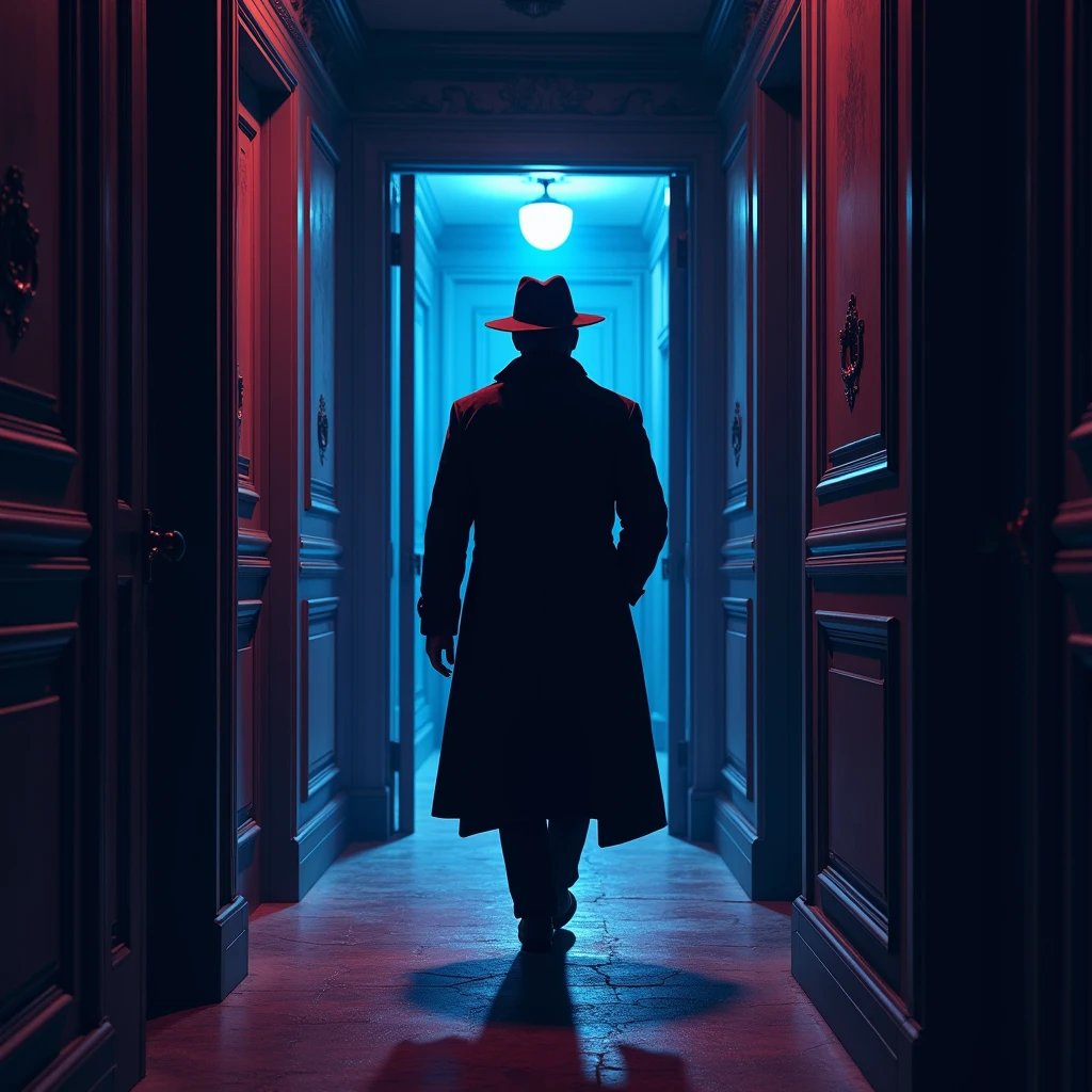 High-definition, vividly colored image of a detective in a long coat and hat, walking among closed doors.