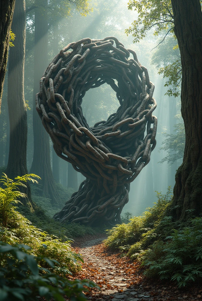 "Create an image of a surreal chain sculpture in a dense, ancient forest, seamlessly blending art and nature. The sculpture is an intricate, labyrinthine structure made of heavy, rusted chains, each link carved with precision as if sculpted from solid stone. The chains twist and coil around themselves, defying gravity and logic, forming an almost impossible shape that seems to float in mid-air. The surface of the sculpture is partially covered in soft, green moss, adding an element of natural decay and wabi-sabi beauty. The environment is rich with the textures of the forest—tall, weathered trees, patches of ferns, and a blanket of fallen leaves. The scene is shrouded in a light mist, with beams of sunlight piercing through the canopy, casting ethereal light onto the sculpture. The overall atmosphere is one of ancient mystery, as if this Opart, an out-of-place artifact, was left by a civilization that transcended the natural laws of our world."