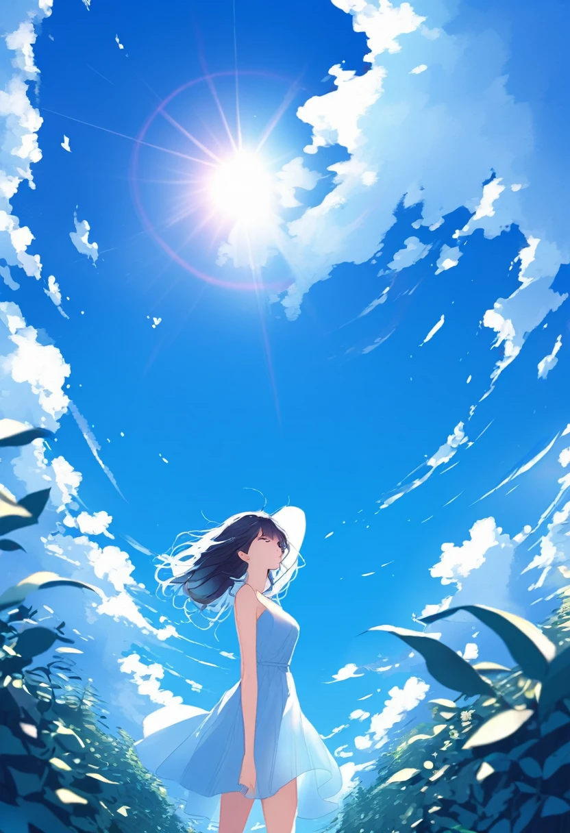 Late summer blue sky and beautiful girl