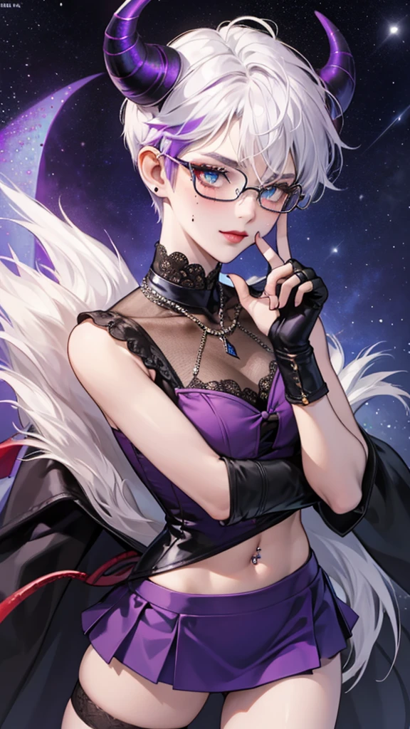 8k, masterpiece, best quality, highly detailed, 1 girl, tiefling, warlock, pixie cut, multicolored hair, very short straight hair red highlight hair on white hair, strippled hair, wearing glasses, round glasses, earrings, navel piercing, red eyeshadow, long eyelashes, blushed cheek, red lips, pearl necklace, rings, collarbone, mole on face, glamorous, teal and purple clothes, sleeveless, miniskirt, smirk, close up view, rings, looking at viewer, demon horns, solo, starry sky, pale blue moon, standing, boxing stance, demonic arms, chains on the background, black lace gloves.