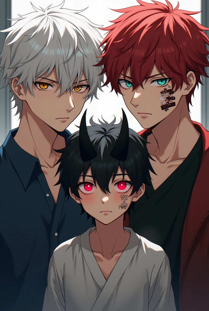A japanese 19 man with short white messy hair and golden eyes. He have a smooth skin. Next to a Japanese 18 man with bruises under his eyes and bandage on his cheeks. have red and not orange hair and light blue eyes. He's mischievous. Next to them there is a young demon. A boy. With short messy black hair and red glowing eyes. He's the shortest of them three. And have black horns.