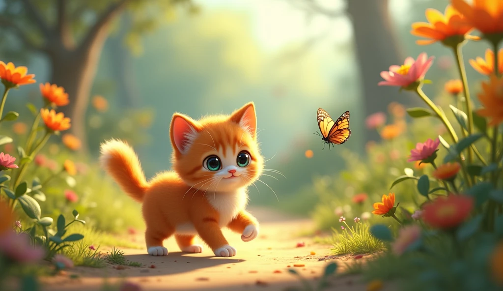 create a cartoon the curious little kitten Looking for a butterfly, oh so small