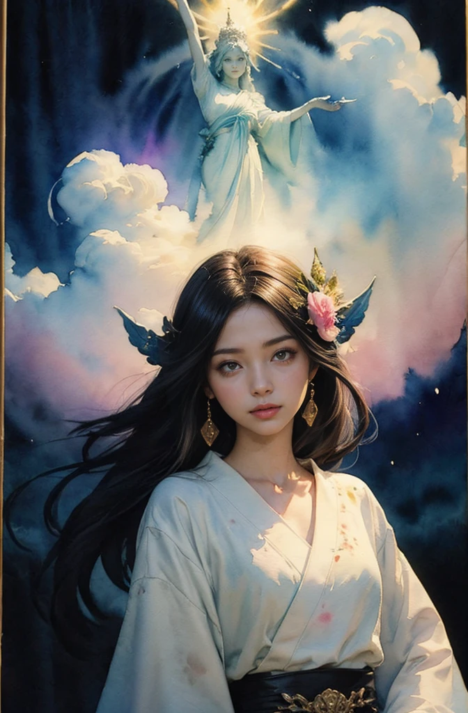 (Tabletop, Highest qualityの, Highest quality, Official Art, (beautifully、aesthetic:1.4), (Watercolor:1.4) ), (Izanami 1.5), 日本のgod話の女god, Majestic beauty, 創造の女god、生命の女god、Typically、((((Typically))))、Reincarnation Support, god'Grace, Gentle and meditative expressions, Flowing, celestial garments, Shine、Created all the landscapes and worlds on Earth, A dazzling dance of light, Whispers of Ancient Legends,god秘的な着物姿、Full moon in the upper left of the background、Night view