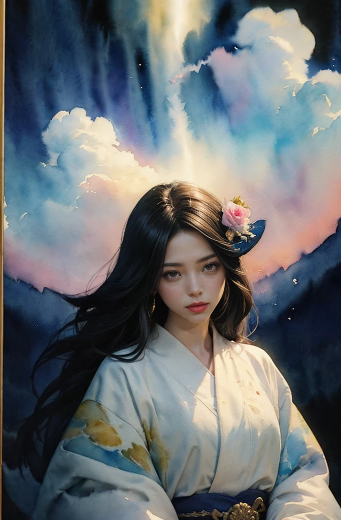 (Tabletop, Highest qualityの, Highest quality, Official Art, (beautifully、aesthetic:1.4), (Watercolor:1.4) ), (Izanami 1.5), 日本のgod話の女god, Majestic beauty, 創造の女god、生命の女god、Typically、((((Typically))))、Reincarnation Support, god'Grace, Gentle and meditative expressions, Flowing, celestial garments, Shine、Created all the landscapes and worlds on Earth, A dazzling dance of light, Whispers of Ancient Legends,god秘的な着物姿、Full moon in the upper left of the background、Night view