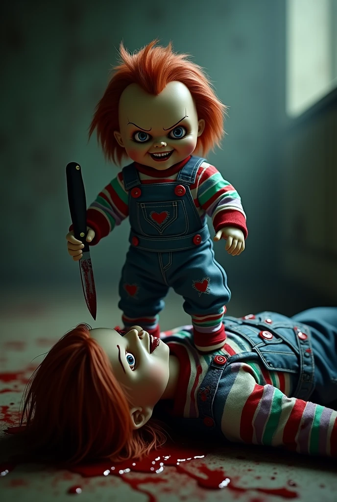 Create a character from the Chucky movie by stepping on the head of a human and with a bloody knife looking at the camera on the 4th wall