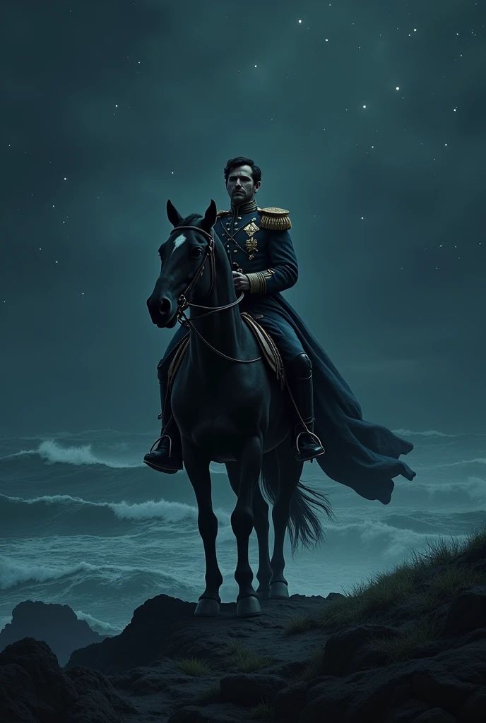 empereur napoleon fait face a ses ennemis , en regardant vers l'ocean a cheval la nuit