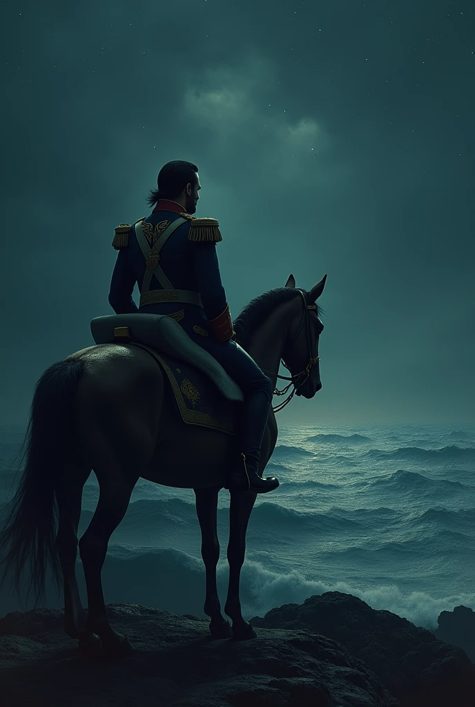 empereur napoleon fait face a ses ennemis , en regardant vers l'ocean a cheval la nuit