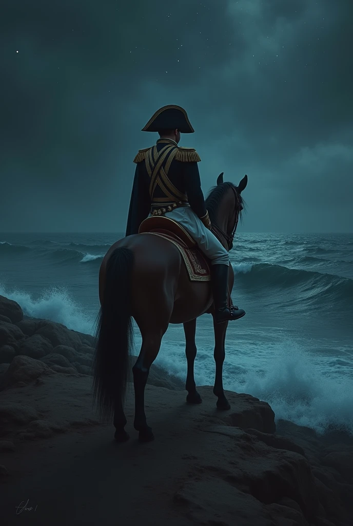 empereur napoleon fait face a ses ennemis , en regardant vers l'ocean a cheval la nuit