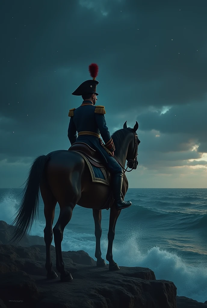 empereur napoleon fait face a ses ennemis , en regardant vers l'ocean a cheval la nuit