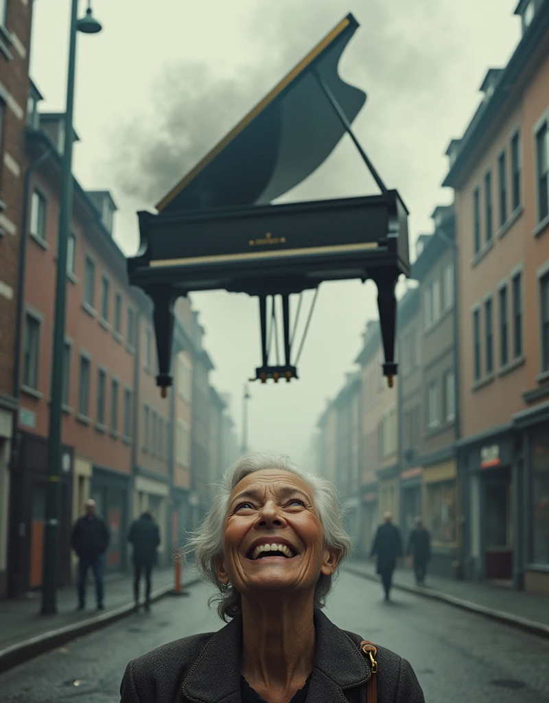 ((Last selfie. An elderly woman, smiling brightly, takes a selfie on a quiet city street, blissfully unaware of the imminent danger above her. Just behind her, a grand piano is plummeting from a great height, seconds away from crashing down. The piano is in mid-fall, casting a long shadow over the unsuspecting grandmother, with its polished wooden surface and dangling wires visible as it hurtles towards the ground. The woman’s joyful expression contrasts sharply with the impending disaster, creating a surreal and darkly humorous scene frozen in time just before calamity strikes. Oopps.)). (Suspended in the air between scene and the viewer, a translucent, almost ghostly black message reads exactly: "Last selfie!". The text appears as if it's floating, blurred at the edges, with the letters formed from a faint mist or dark black smoke that lingers in the space. The smoky words are readable, though not overly bright, hovering just in front of his gaze, creating a surreal yet powerful effect. Text exactly says: "Last selfie!". Text says: "Last selfie!". semi-transparent text that reads 'Last selfie!' in a dramatic, bold font. The text almost acts as a title, floating in the air, partially obscuring the scene but enhancing the overall tension and urgency of the moment.)