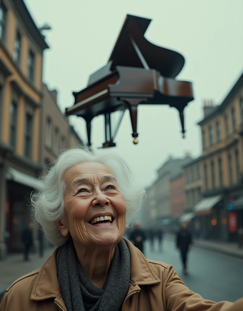((Last selfie. An elderly woman, smiling brightly, takes a selfie on a quiet city street, blissfully unaware of the imminent danger above her. Just behind her, a grand piano is plummeting from a great height, seconds away from crashing down. The piano is in mid-fall, casting a long shadow over the unsuspecting grandmother, with its polished wooden surface and dangling wires visible as it hurtles towards the ground. The woman’s joyful expression contrasts sharply with the impending disaster, creating a surreal and darkly humorous scene frozen in time just before calamity strikes. Oopps.)). (Suspended in the air between scene and the viewer, a translucent, almost ghostly black message reads exactly: "Last selfie!". The text appears as if it's floating, blurred at the edges, with the letters formed from a faint mist or dark black smoke that lingers in the space. The smoky words are readable, though not overly bright, hovering just in front of his gaze, creating a surreal yet powerful effect. Text exactly says: "Last selfie!". Text says: "Last selfie!". semi-transparent text that reads 'Last selfie!' in a dramatic, bold font. The text almost acts as a title, floating in the air, partially obscuring the scene but enhancing the overall tension and urgency of the moment.)