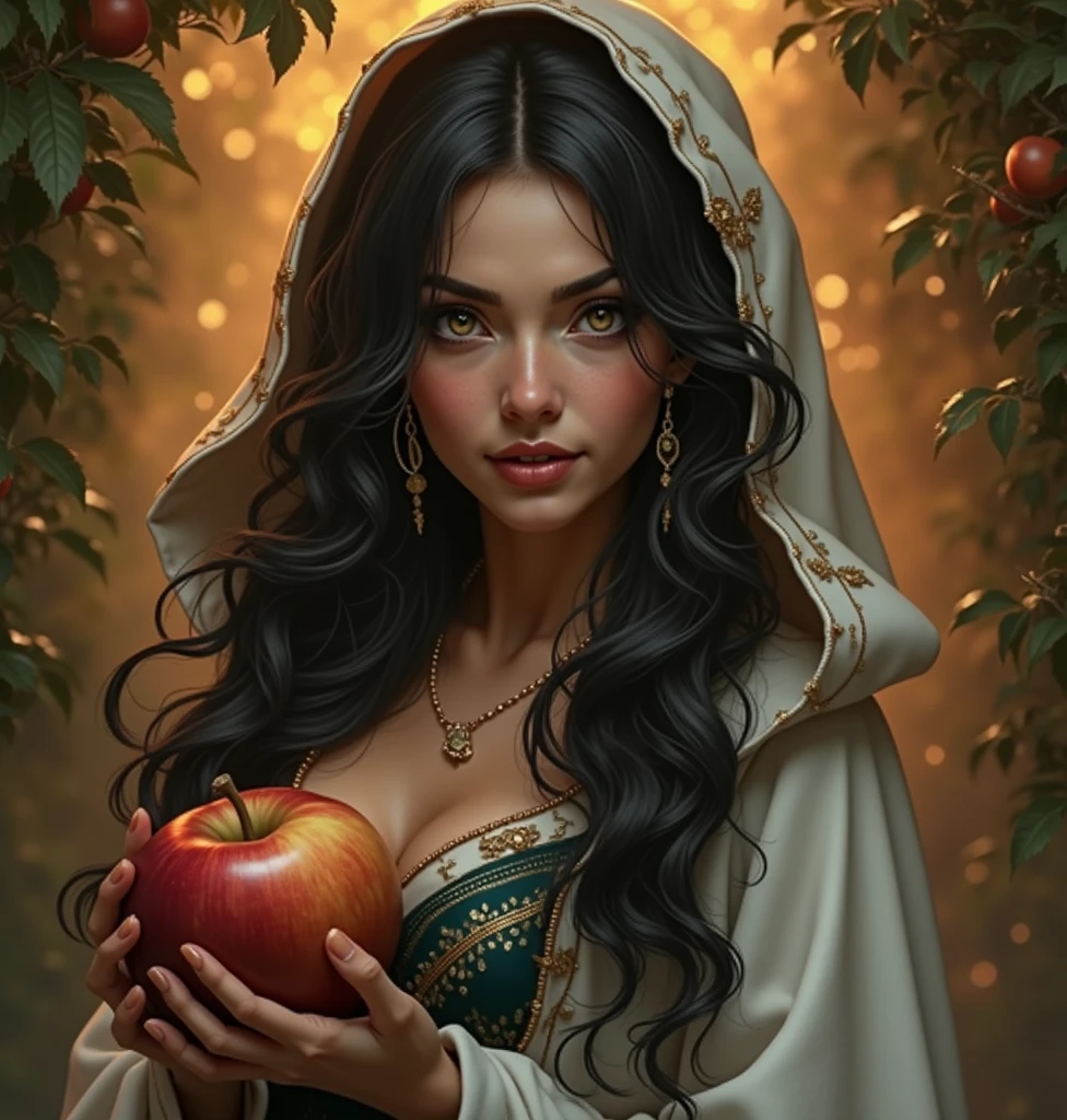 long black very curly hair, soft black lips, heavy dark eyeliner, olive skin, soft hazel eyes, elf queen, wearing a white hood and flowing robe, holding an apple