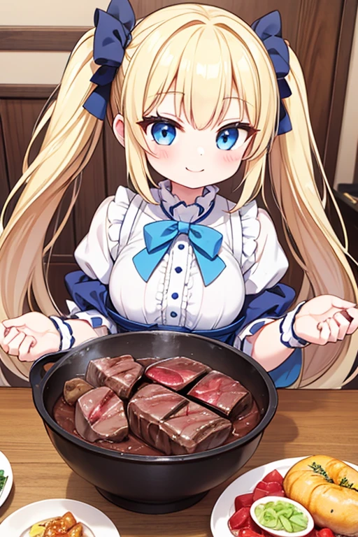 A happy smile,Large serving of beef steaks,large amount of steak,Highest quality,Blonde with blue eyes、Lolita、Small breasts、Twin tails、girl&#39;enjoy,smile,bonnet,